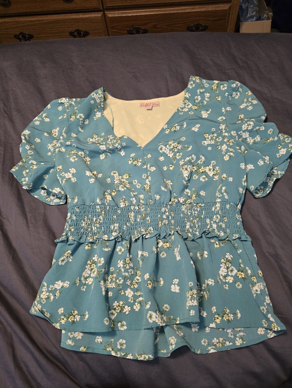 Smocked Waist Floral V-Neck Blouse in Teal Blue